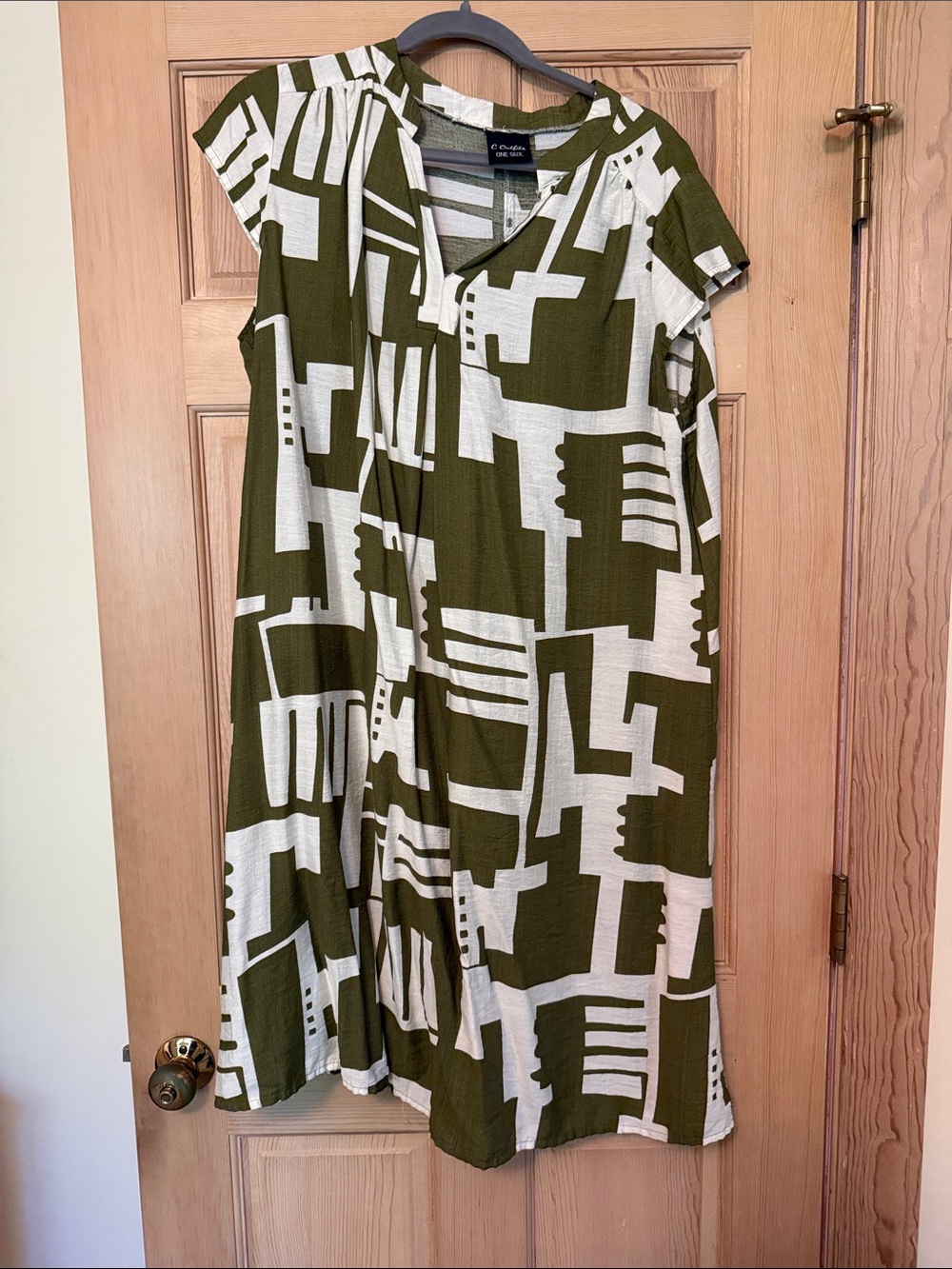 Chico's Olive & White Geometric Cap-Sleeve Midi Dress
